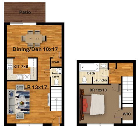 Floor plan for 1 bed, 1.5 baths, 1009 sqft
